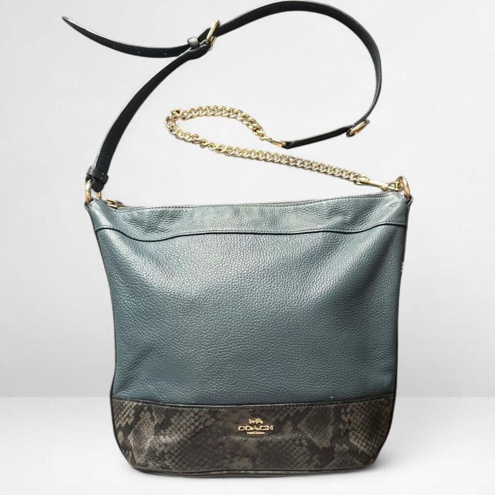 Coach vintage leather hobo shoulder bag teal blue snakeskin chain strap purse